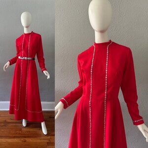 Vintage 60s Red Mock Neck HOSTESS Long Sleeve Maxi Dress M
